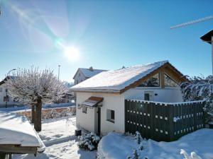 ein schneebedecktes Haus mit einem Zaun in der Unterkunft la maisonette in Saignelégier