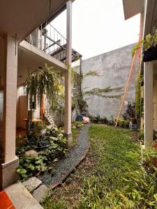 a courtyard of a building with plants in the grass at Cristales de Antigua Casa Cristal in Antigua Guatemala