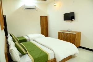 um quarto com uma cama e uma televisão na parede em The Travel Bug Jaisalmer em Jaisalmer