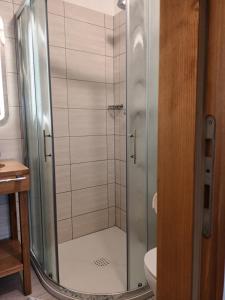 La salle de bains est pourvue d'une douche avec une porte en verre. dans l'établissement APARTMA ANA IDA, à Srpenica