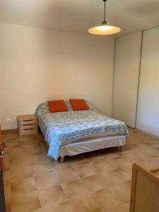 1 dormitorio con 1 cama con 2 almohadas de color naranja en Gîte 45 m2 3/4 personnes, en Bessèges