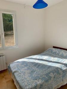 1 dormitorio con 1 cama con manta azul y ventana en Gîte 45 m2 3/4 personnes, en Bessèges