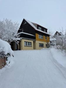 une maison couverte de neige avec une allée couverte de neige dans l'établissement Fewo-Michi, à Kurort Oberwiesenthal