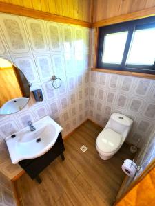 uma casa de banho com um lavatório e um WC em Cabaña Alto Naupe em Puerto Saavedra