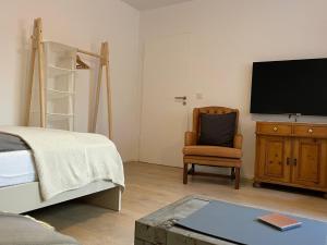 a bedroom with a bed and a chair and a tv at Johannis ein Privatzimmer in Sankt Johannis Nürnberg in Nürnberg
