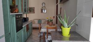eine Küche mit grünen Schränken und einem Tisch mit Topfpflanze in der Unterkunft Casa Anna B&B in Castellammare di Stabia
