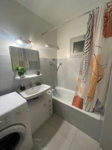 y baño con lavabo y lavadora. en Appartement cosy avec terrasse proche des pistes et du centre du village, en Ancelle