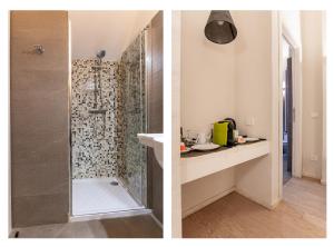 two pictures of a bathroom with a shower at Alla Marina Affittacamere in Riomaggiore