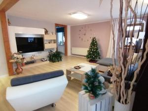 - un salon avec un arbre de Noël et un canapé dans l'établissement Ferienwohnung Jurk, à Bärenstein