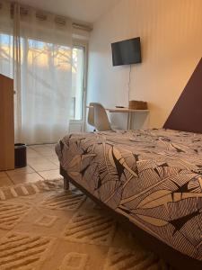 Dormitorio con cama, escritorio y TV en Le Nid Castries - Charmant logement complet et équipé Centre Castries proche Montpellier en Castries