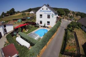 an aerial view of a house with a swimming pool at Penzion Nemílek in Kolinec