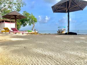 una playa con sillas y sombrillas en la playa en Arena Beach en Tintipan Island