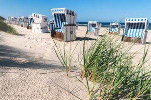una fila di sedie a sdraio sulla spiaggia di Lüttes Tohuus a Tinnum