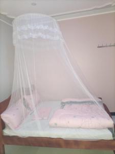 uma cama com uma rede mosquiteira sobre ela em Pearl Motel Buloba em Buloba