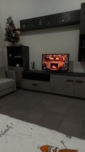 a living room with a television and a christmas tree at House Arrow in Latina