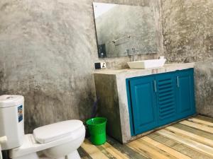 Palabaddala Tea and Eco Lodge في راتنابورا: حمام مع حوض ومرحاض ومرآة