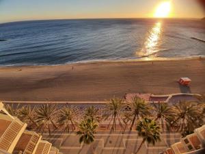 eine Luftblick auf einen Strand mit Palmen und das Meer in der Unterkunft Beach Penthouse in Almería