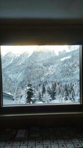 a window with a view of a snow covered mountain at Val di Sole Holidays in Folgarida