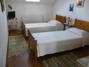 Habitación con 2 camas, TV y alfombra. en Pensiunea Casa Filoxenia en Horezu