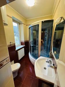 a bathroom with a tub and a sink and a toilet at VerhoVilla in Verkhovyna +42 photos