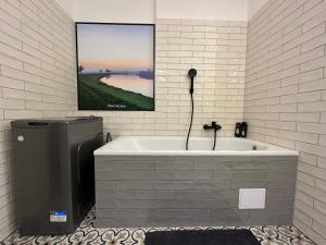 a bath tub in a bathroom with a television on the wall at Morava apartmán Uherské Hradiště Šafaříkova 855 in Uherské Hradiště