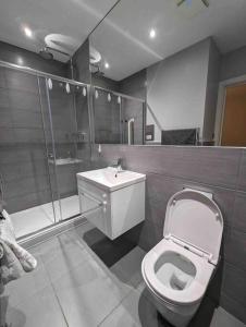 a bathroom with a toilet and a shower and a sink at Elegant Central Brentwood Flat in Brentwood