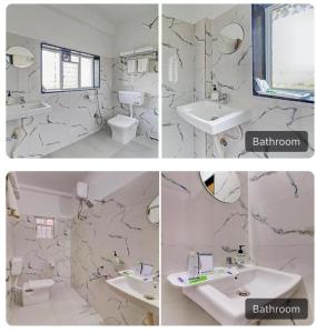 three pictures of a bathroom with a sink and mirror at Eon IT Park Corporate Hotel in Pune