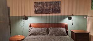 sypialnia z łóżkiem z drewnianym zagłówkiem w obiekcie A romantic suite in the countryside near Torino w mieście Pecetto