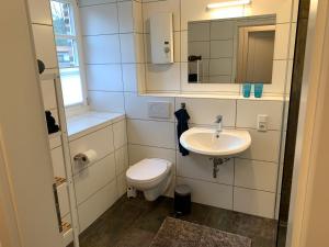 a small bathroom with a toilet and a sink at Voigtshof Niederrhein Ferienwohnung „Balberg“ in Sonsbeck