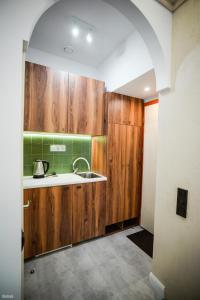 a kitchen with wooden cabinets and a sink at Olympic studio in Kyiv