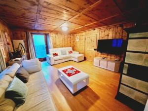 a living room with a couch and a tv at Höflihaus, Maienfeld in Maienfeld