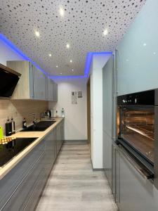 a kitchen with stainless steel appliances and a blue ceiling at Modern Apartments Neuburg 2 - TOP NEU - 2 Zimmer, Komfort, Balkon, Wi-Fi, Smart TV, Dusche, Küche in Neuburg an der Donau