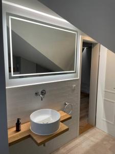 uma casa de banho com um lavatório e um espelho grande em Premium Apartment mit Domblick im DG em Paderborn