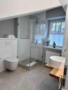 uma casa de banho com um chuveiro, um WC e um lavatório. em Premium Apartment mit Domblick im DG em Paderborn