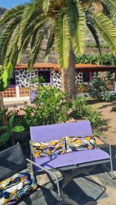 a purple bench sitting in front of a palm tree at Los Cerrajones: spectacular views from the cliff in Agulo