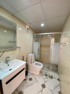 uma casa de banho com um WC, um lavatório e um chuveiro em Miral Night Camp em Wadi Rum