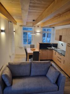 a living room with a couch and a kitchen at Appartamento Vale e Schena Cortina 4 posti letto in San Vito di Cadore