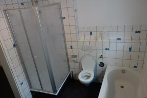 a bathroom with a shower and a toilet and a tub at Geräumige Ferienwohnung in ruhiger Lage in Rheinstetten
