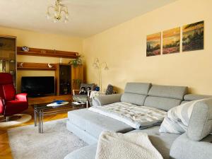 a living room with a couch and a tv at 2,5-Zimmerwohnung mit Terrasse - KEINE Monteure in Marbach am Neckar