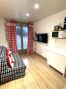 ein Wohnzimmer mit einem Sofa und einer Mikrowelle in der Unterkunft Appartement Puy-Saint-Vincent in Puy-Saint-Vincent