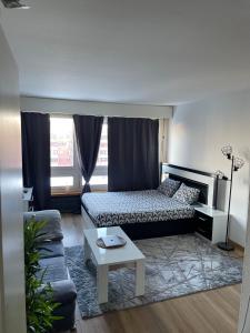 sypialnia z łóżkiem, kanapą i stołem w obiekcie Suncatcher Studio w mieście Berno