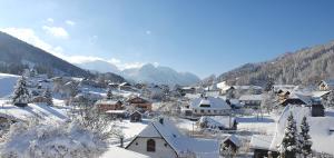 un village recouvert de neige avec des montagnes en arrière-plan dans l'établissement Ferienwohnung Brunnkogelblick, à Neukirchen
