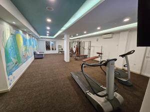 a fitness room with a gym with tread machines at Holiday Home in Komarna