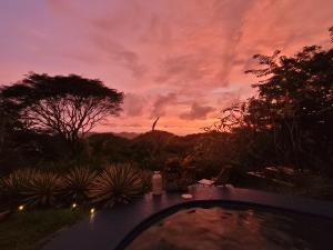 um pôr-do-sol sobre uma piscina num jardim em Villa Martina Palmgarden em Sámara