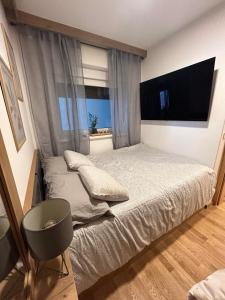 een slaapkamer met een bed en een groot raam bij Bjelašnica Olympic Apartment in Bjelašnica