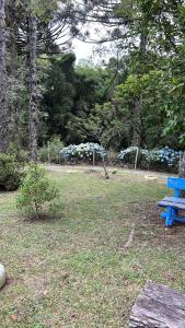 um banco azul num parque com árvores e flores em Cabanas Brocker em Gramado