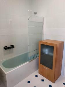 a tv sitting next to a bath tub in a bathroom at La casita de Soria in Soria