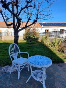 two chairs and a table next to a tree at La casita de Soria in Soria