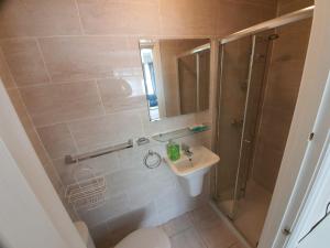 a bathroom with a shower and a sink and a mirror at Eastwood Rooms in Goodmayes