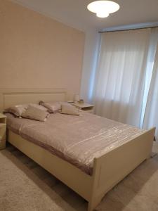 - une chambre avec un grand lit et une fenêtre dans l'établissement Suceava apartment, à Suceava